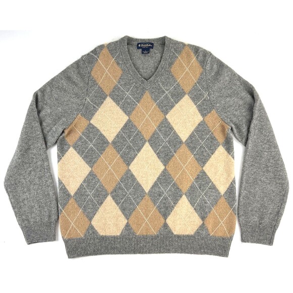 Brooks Brothers V Neck Camel Hair Pullover Sweater Mens L Argyle LS Gray Preppy - Picture 1 of 5